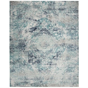 Madison Ivory/Blue 10 ft. x 14 ft. Geometric Border Floral Medallion Area Rug