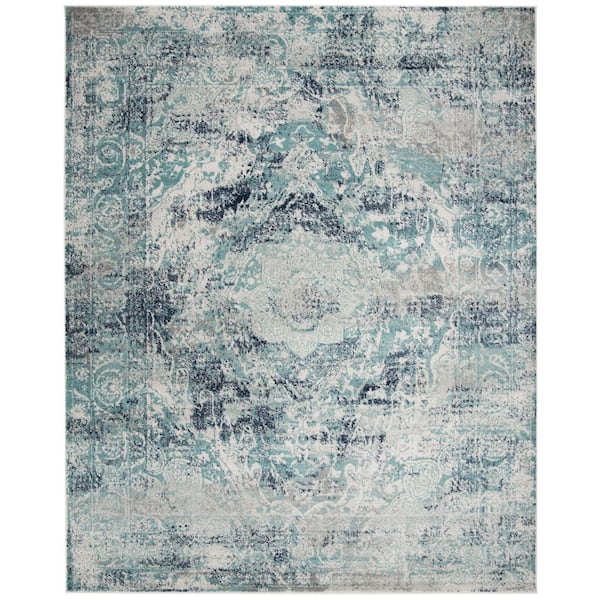 SAFAVIEH Madison Ivory/Blue 9 ft. x 12 ft. Geometric Border Floral Medallion Area Rug