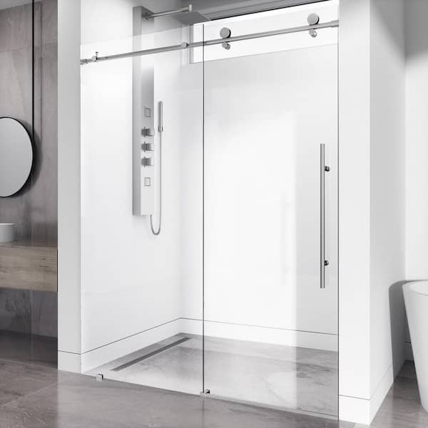 VIGO Elan E-Class 64 to 68 in. W x 76 in. H Sliding Frameless Shower Door in Stainless Steel with 3/8 in. (10mm) Clear Glass
