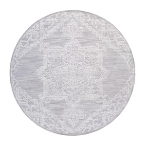 Modern Silver/Ivory 8 ft. x 8 ft. Round Oriental Bamboo Silk and Wool Area Rug