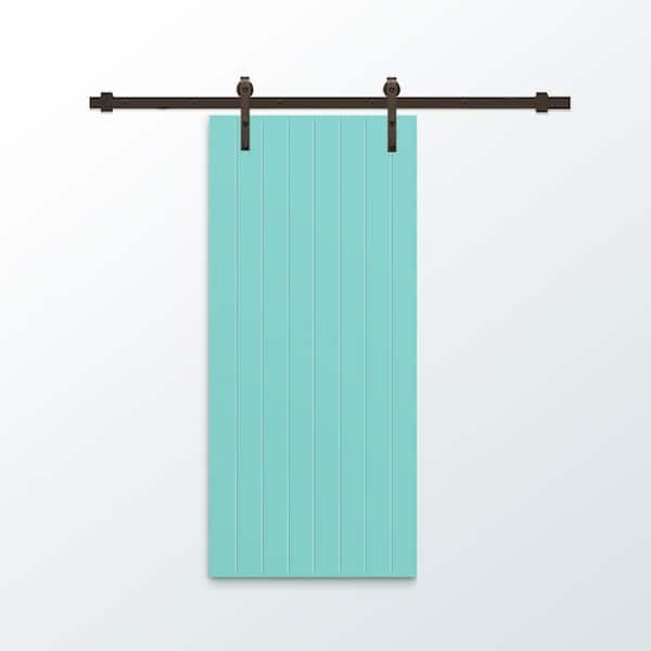 CALHOME 36 in. x 96 in. Mint Green Stained Composite MDF Paneled Interior Sliding Barn Door with Hardware Kit