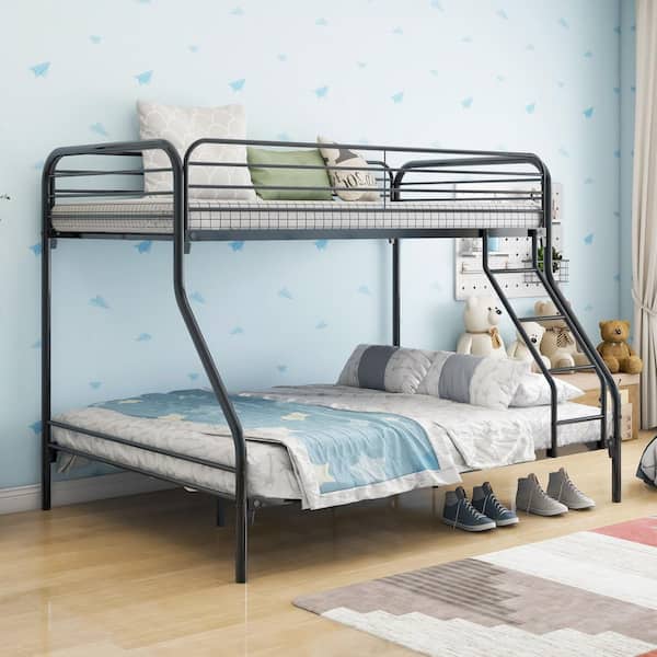 Black Metal Twin Size Bunk Bed with Heavy Duty Space Saving with Guardrail No Box Spring Needed