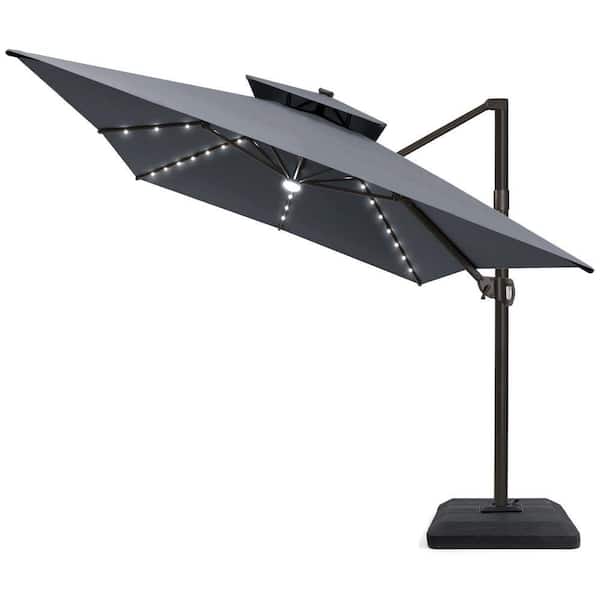 10 ft. x 13 ft. Solar LED 2-Tier Outdoor Cantilever 360° Rotation Tilt Patio Umbrella in Gray, 350 lbs. Fillable Base