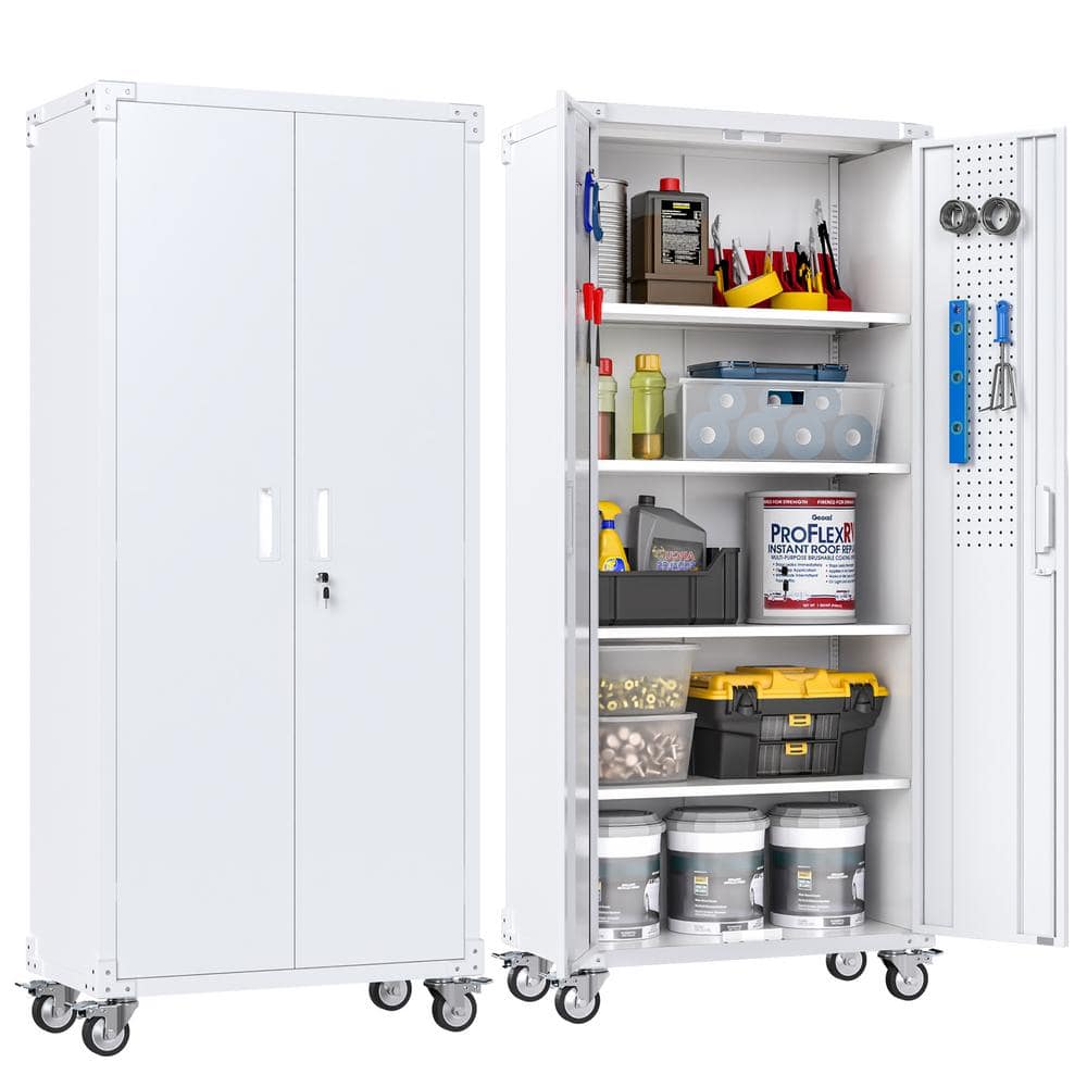 72-Inch White Metal Freestanding Lockable Office Cabinet with Adjustable Shelving