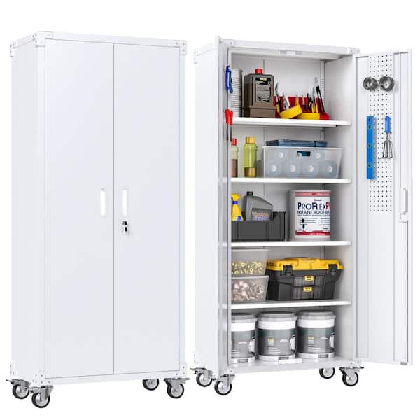 Hephastu 31.5 in. W x 72 in. H x 16.5 in. D 4-Shelves Metal Mobile Garage Storage, Freestanding Cabinet with Pegboard in White