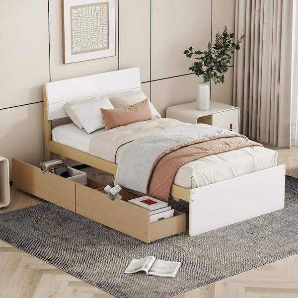 Nestfair White and Light Oak Brown Wood Frame Twin Platform Bed with 2 Drawers