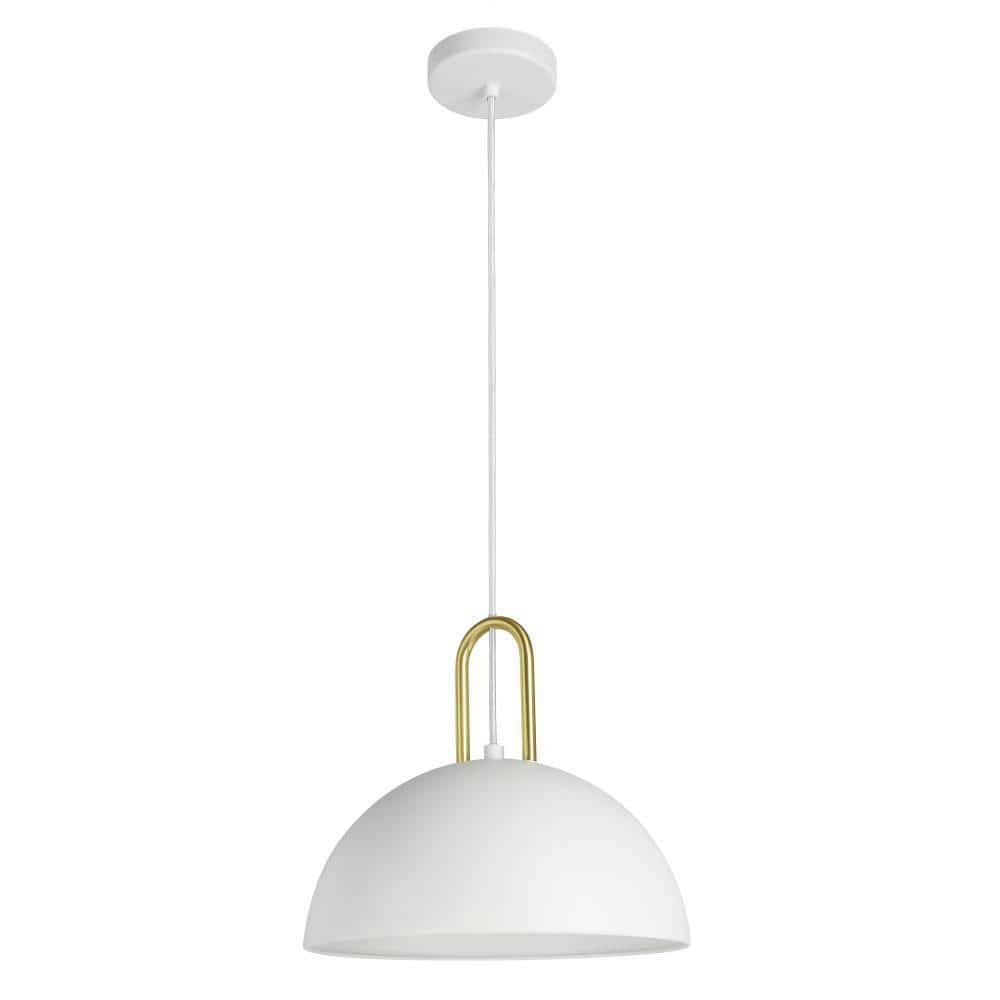 White Metal Dome Pendant Light with Brass Accents