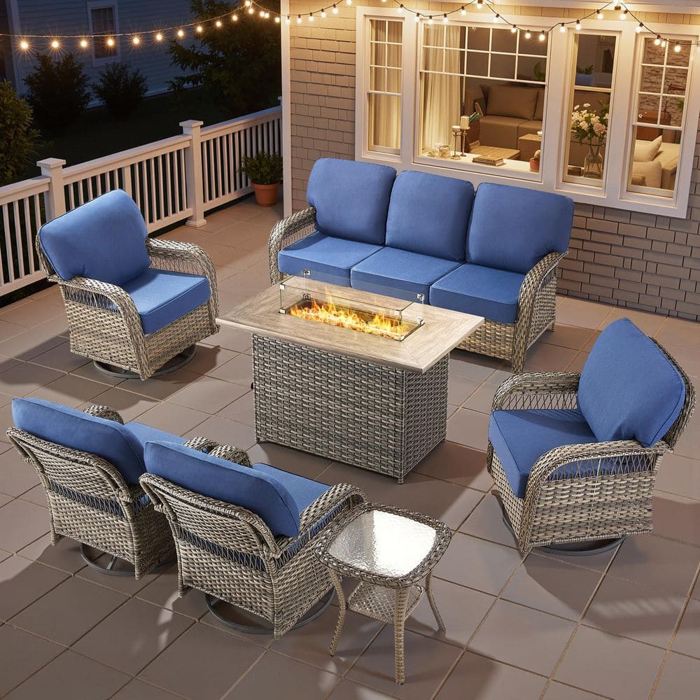 Tyber 7-Piece Gray Wicker Patio Conversation Sets Wicker Patio Fire Pit Table Sectional Seating Set with Blue Cushions price history on PriceWatchPro