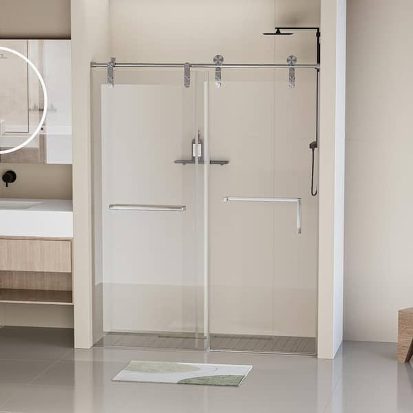ANGELES HOME 56-60 in. W x 76 in. H Single Sliding Frameless Shower Door with 5/16 (8mm) Clear Tempered Glass Hardware Brushed Nickel