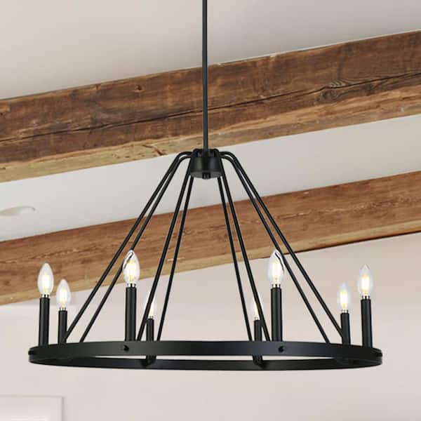 Industrial 32.5 in. W 8-Light Matte Black Wagon Wheel Chandelier for Living Room, Farmhouse Round Hanging Pendant Light