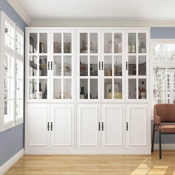 FUFU&GAGA 78.7 in. Wide White Wooden MDF 15-Tier Shelves Accent Bookcase with 5 Tempered Glass Door & 5 Wooden Doors