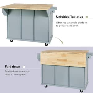 Gray Blue Foldable Rubber Wood Drop-Leaf Countertop 53.1 in. W Kitchen Island on Wheels with Storage Cabinet