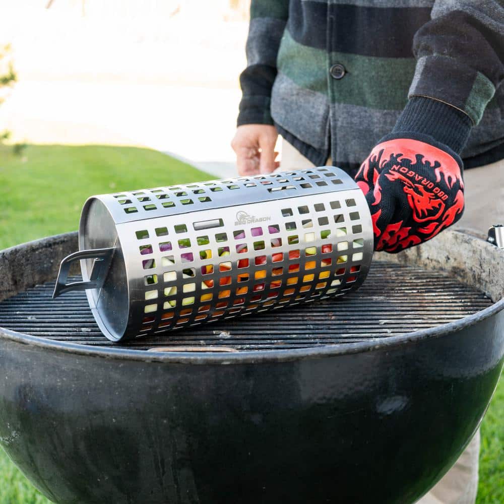 Large Stainless Steel Rolling Grill Basket with Snap-Close Lid