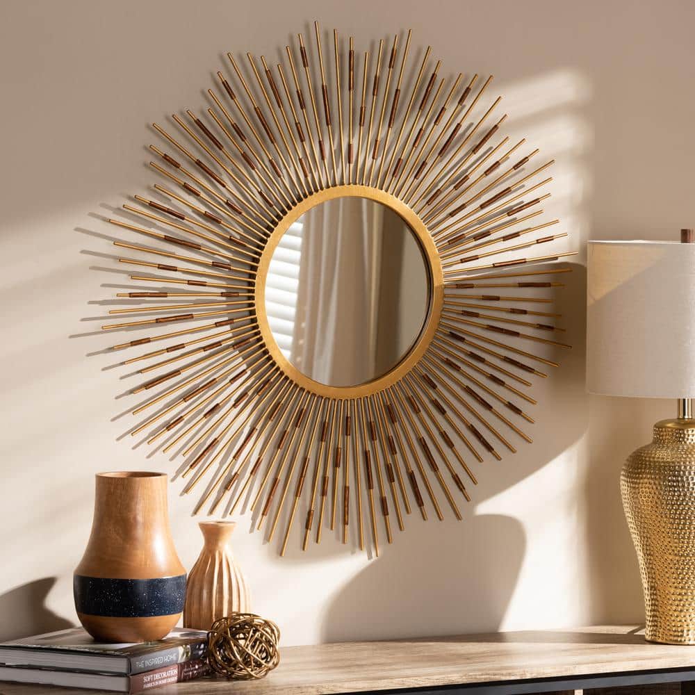 Mid-Century Sunburst Round Wall Mirror in Gold and Leather Accents