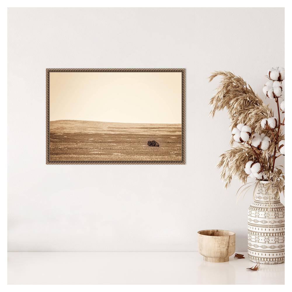 Sepia Bison Landscape Framed Canvas Wall Art 23 x 16