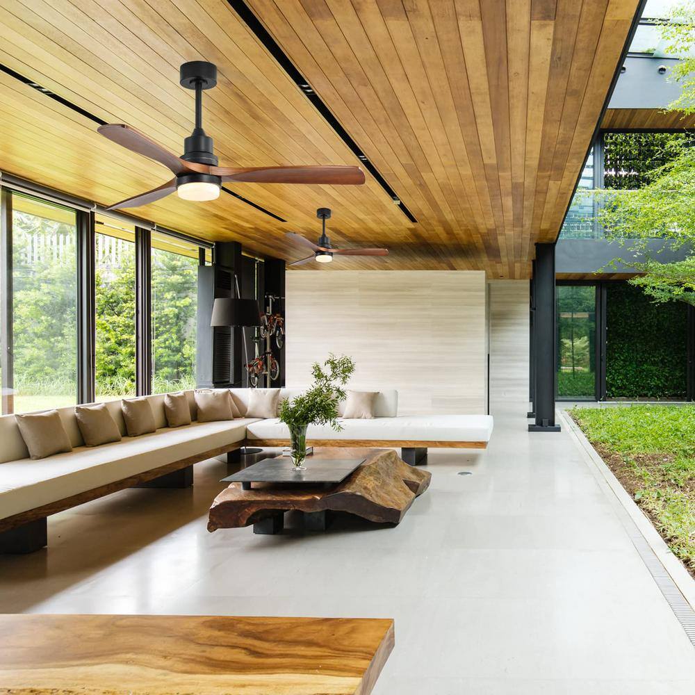 52" Black and Dark Wood-Grain Modern Ceiling Fan with Remote