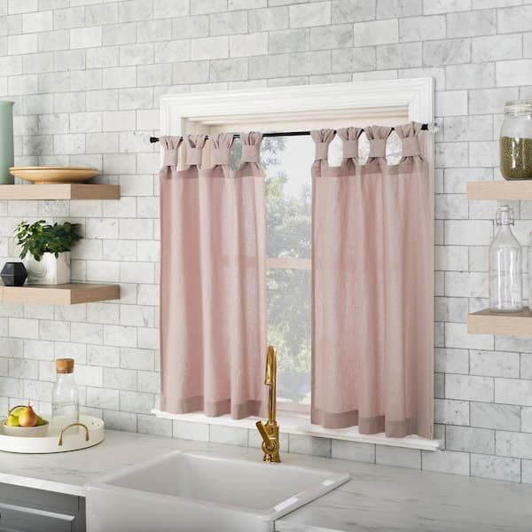 Sun Zero Sarro Rose Quartz Cotton 52 in. W x 45 in. L Tab Top Light Filtering Curtain Tier Pair for Kitchens (Set of 2)