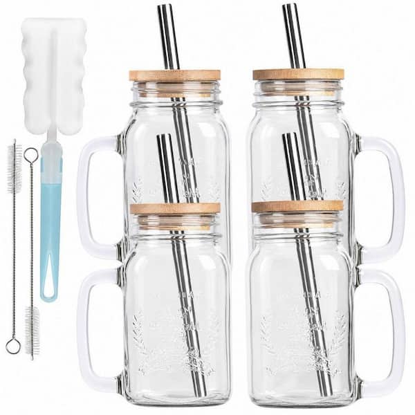 Wudkey 4-Piece 24 oz. Glass Mason Jar Cups with Lids and Straws, Mason Jar Drinking Glasses with Lid and Straw