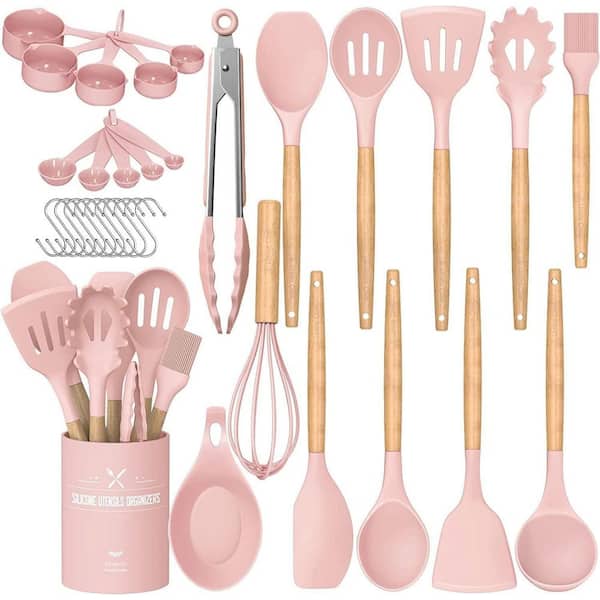 33-Piece Kitchen Cooking Utensils Set, Non-Stick Silicone Cooking Kitchen Utensils Spatula Set with Holder, Pink