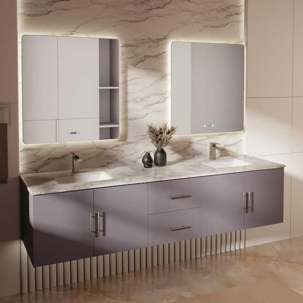 Geneva 80 in. W x 22 in. D Dark Grey Double Bath Vanity, Carrara Marble Top and 30 in. LED Mirrors