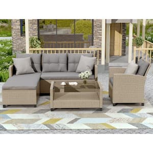 Beige Brown 4-Piece Wicker Outdoor Sectional Set with Gray Cushions