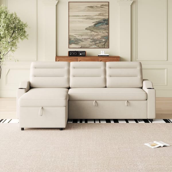 Modern 83.5 in. Beige Fabric Twin Size Sofa Bed with Storage and Cup Holder