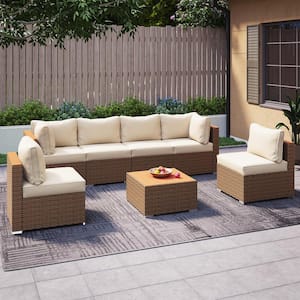 7-Piece Tan Wicker Outdoor Sectional Set with Beige Cushions