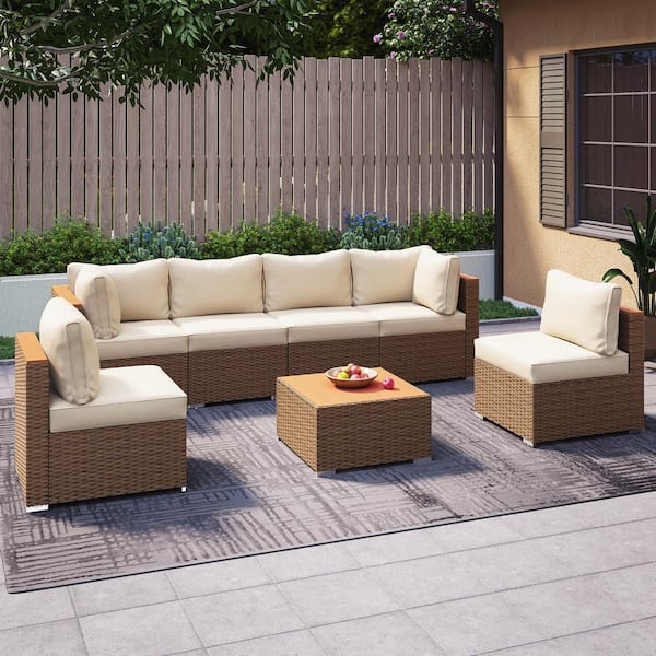 LAUSAINT HOME 7-Piece Tan Wicker Outdoor Sectional Set with Beige Cushions