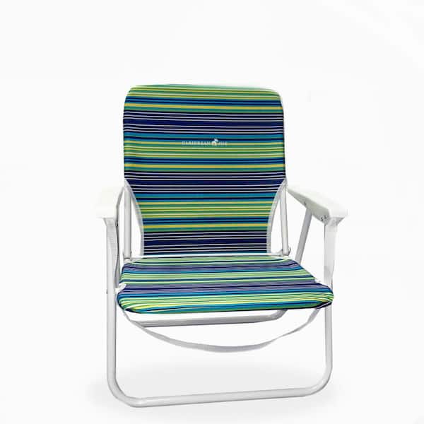 CARIBBEAN JOE Folding Beach Chair, Blue Lime Stripe, Steel Frame 200lb Capacity