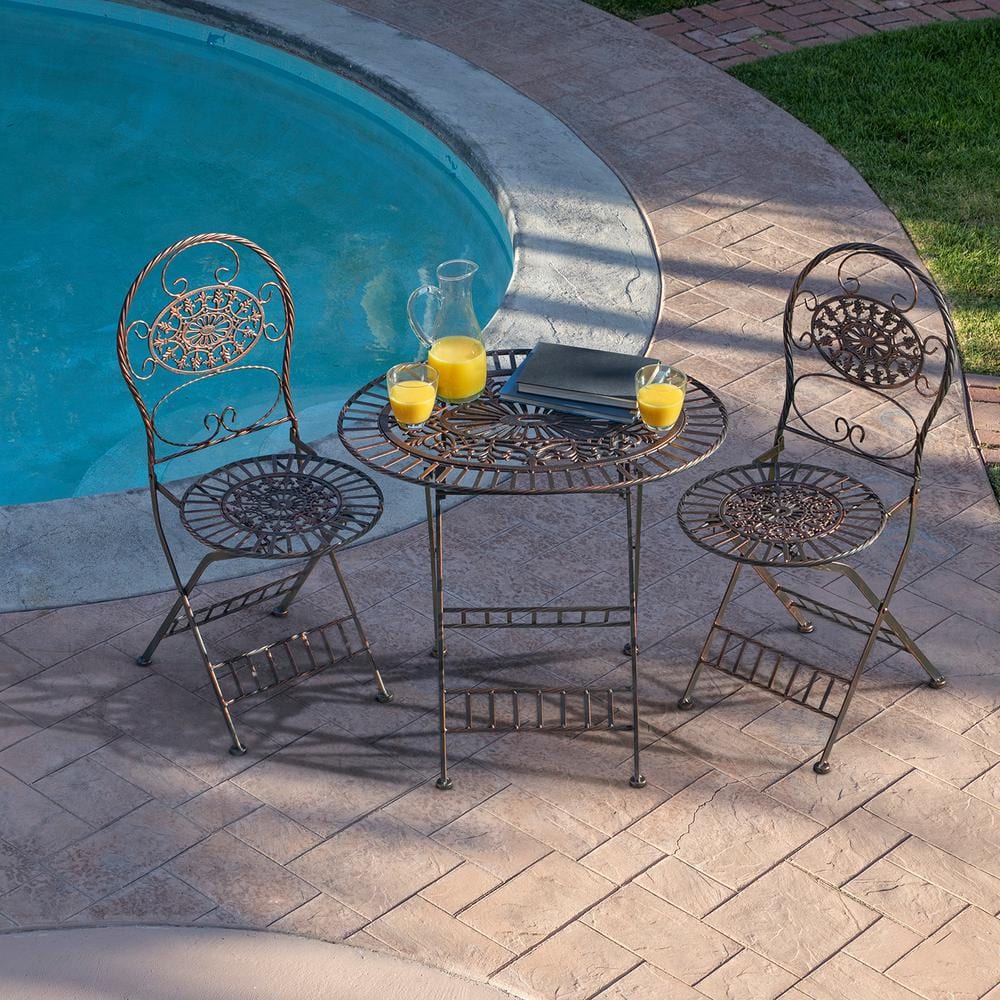 Bronze Floral 3-Piece Metal Outdoor Bistro Set