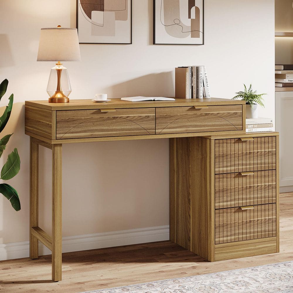 Cherry Brown Wood 5-Drawer Computer Desk
