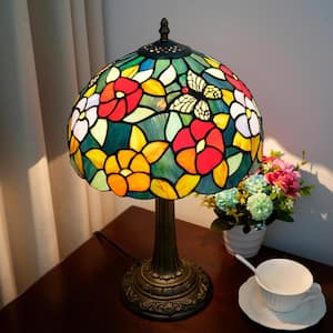 19 in. Multi-Colored Tiffany Style Bronze Finish Table Lamp with Floral Stained Glass Lamp Shade