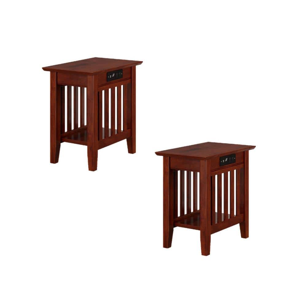 Walnut Brown Solid Hardwood Side Table Set with USB Charger