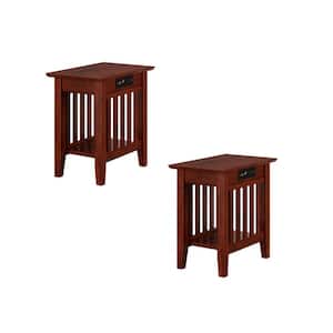 Mission 14 in. Wide Walnut Brown Rectangle Solid Hardwood Side Table with USB Electronic Device Charger Set of 2