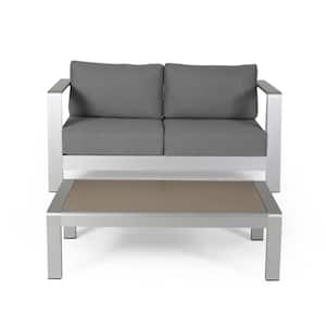 Bayport Silver 2-Piece Aluminum Outdoor Patio Conversation Set with Grey Cushions