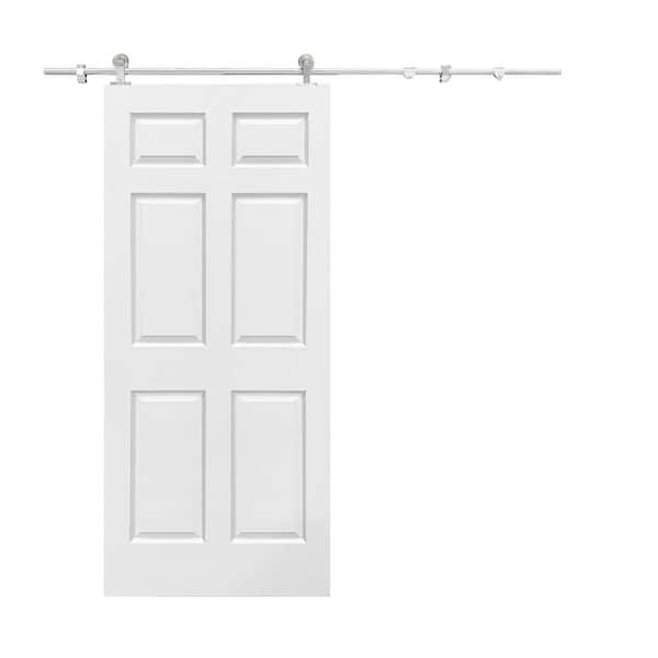 CALHOME 30 in. x 80 in. White Primed Composite MDF 6 Panel Interior Sliding Barn Door Slab with Stainless Steel Hardware Kit