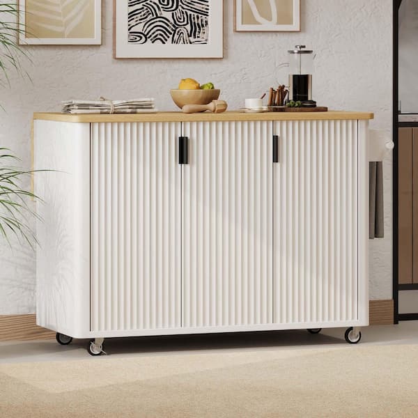 White Ash Wood 51 in. Kitchen Island with Drop Leaf, Internal Storage Rack, Rolling Kitchen Cart for Kitchen/Dining Room