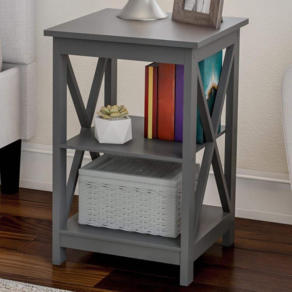 Gray Wooden X-Leg End Tables with Shelves, Set of 2