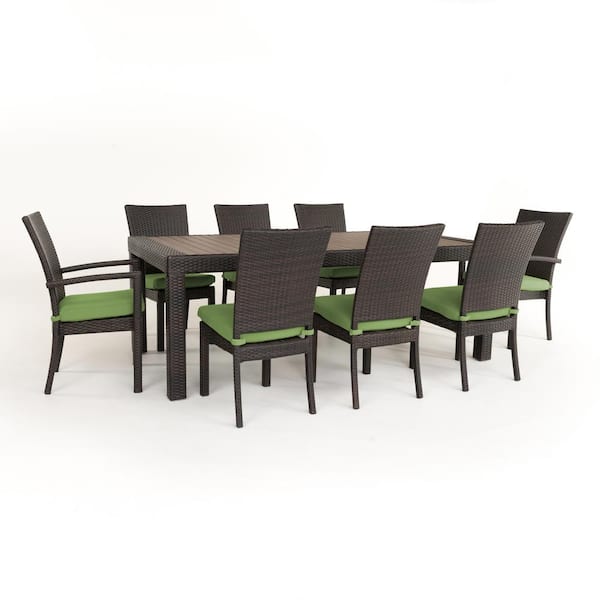 RST BRANDS Deco 9-Piece Wicker Outdoor Dining Set with Sunbrella Ginkgo Green Cushions