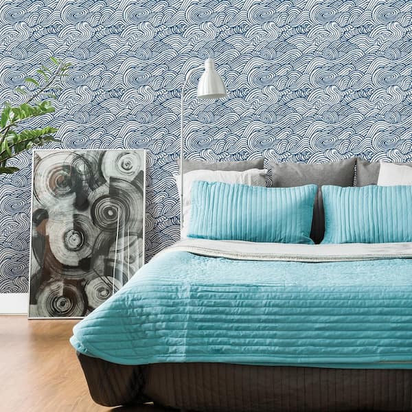 Mare Navy Wave Paper Non-Pasted Wallpaper Roll (Covers 56.4 Sq. Ft.)