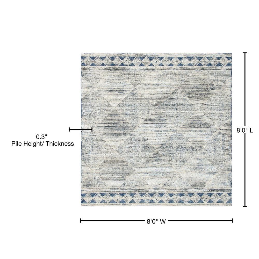 Ivory and Navy Abstract Handmade Wool Square Area Rug, 8 x 8 ft