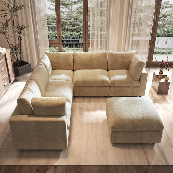 100.5 in. Square Arm Chenille Couch Modular Free Combination Sectional Sofa with Ottoman in Brown
