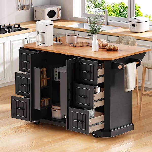 Ximuprmy Black Wood 56 in. Kitchen Island with Embossed Vertical Stripe, Drop Leaf, 2 Power Outlet and 6 Drawers for Kitchen Room