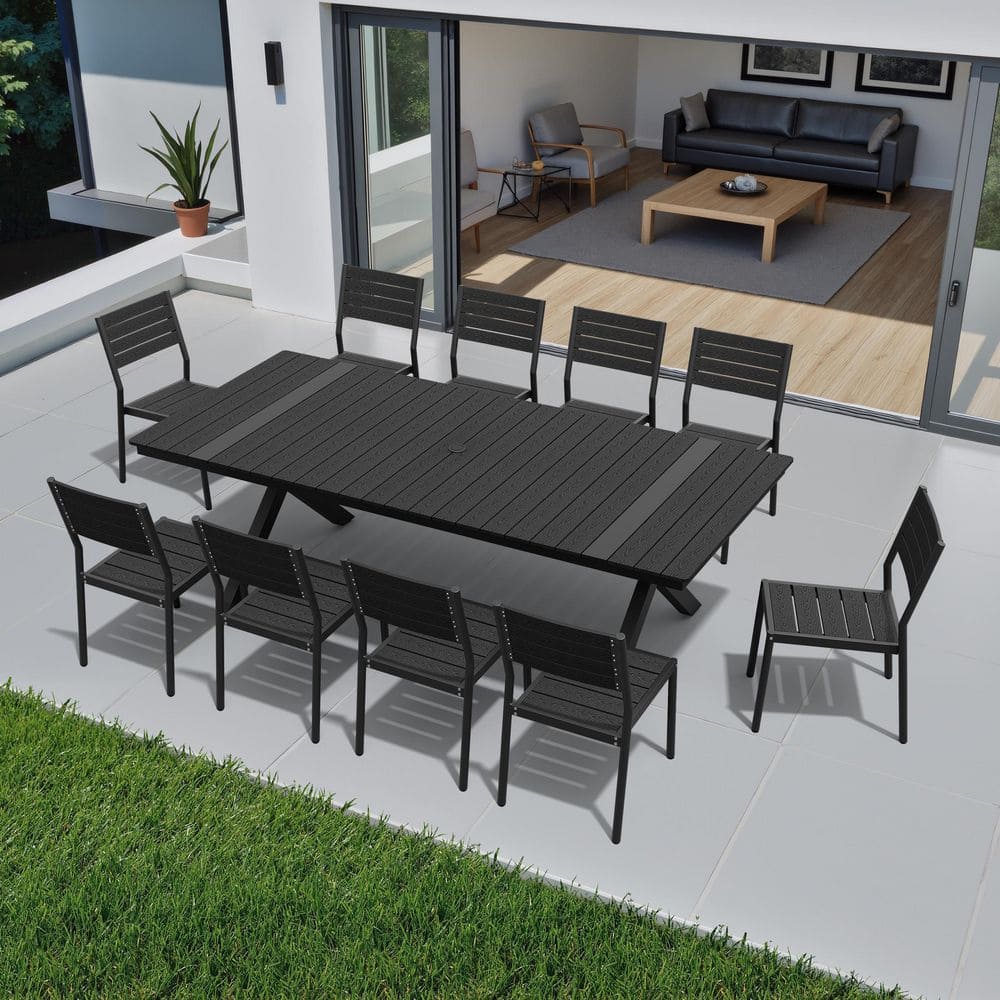 11-Piece Black Outdoor Dining Set Aluminum Table with Umbrella Hole and X-Shaped Legs Stackable Dining Chairs for Patio price history on PriceWatchPro