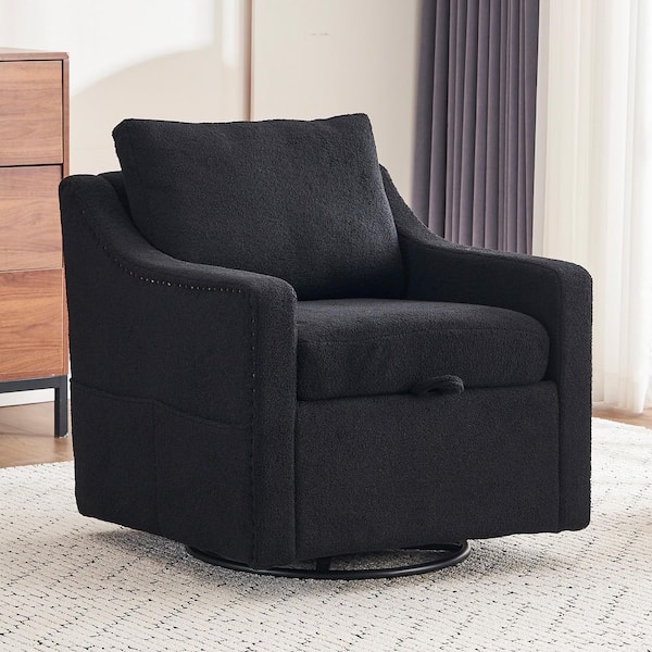 Noble House Lennox Black Modern Teddy Fabric Upholstered Armchair 360° Swivel Accent Chair with Nailhead Trim, Pillow