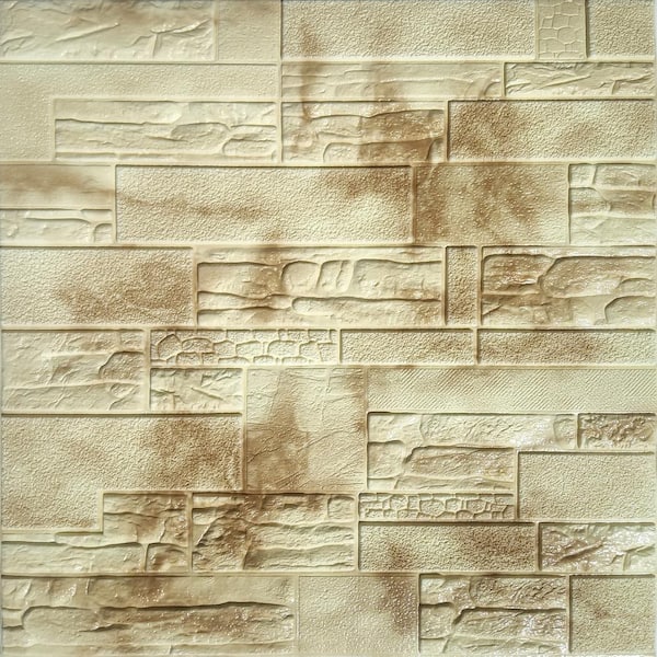 Dundee Deco Falkirk Jura II 1/3 in. 28 in. x 28 in. Peel and Stick Beige, Brown Faux Bricks, Stones PE Foam Decorative Wall Paneling