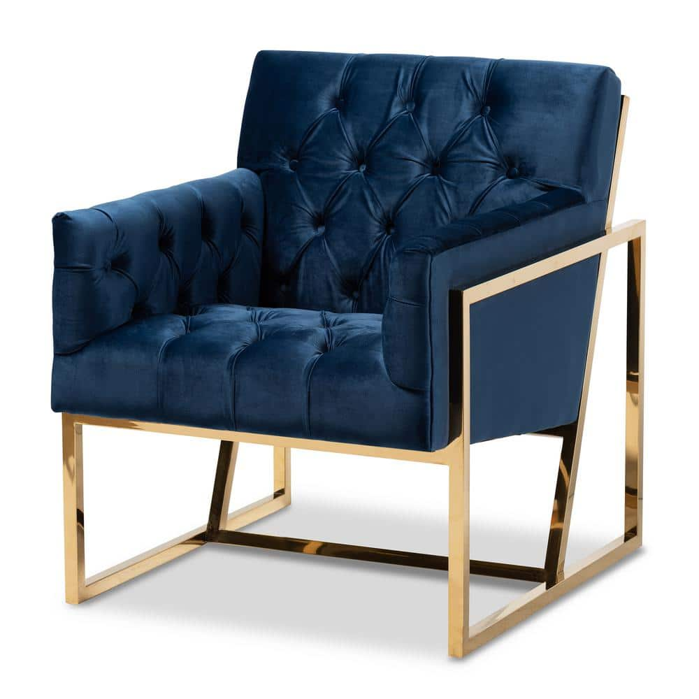 Milano Velvet Fabric Upholstered Finished Lounge Chair Gold/Blue - Baxton Studio: Mid-Century Modern Accent, Plywood Frame