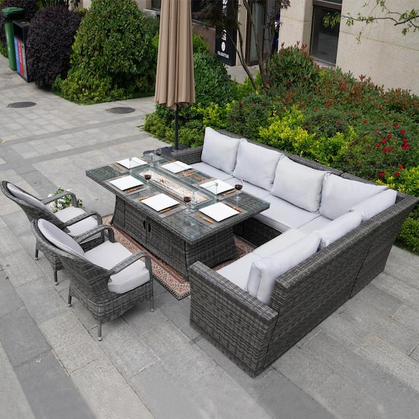 moda furnishings Joyce Gray 6-Piece Wicker Patio Fire Pit Conversation Chair Set with Gray Cushions