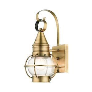 Hennington 13.75 in. 1-Light Antique Brass Outdoor Hardwired Wall Lantern Sconce with No Bulbs Included