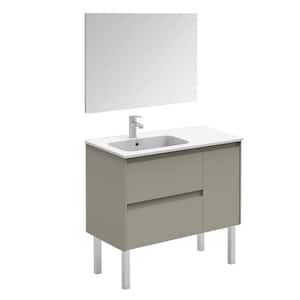 Ambra 35.6 in. W x 18.1 in. D x 22.3 in. H Single Sink Bath Vanity in Matte Sand with Gloss White Ceramic Top and Mirror